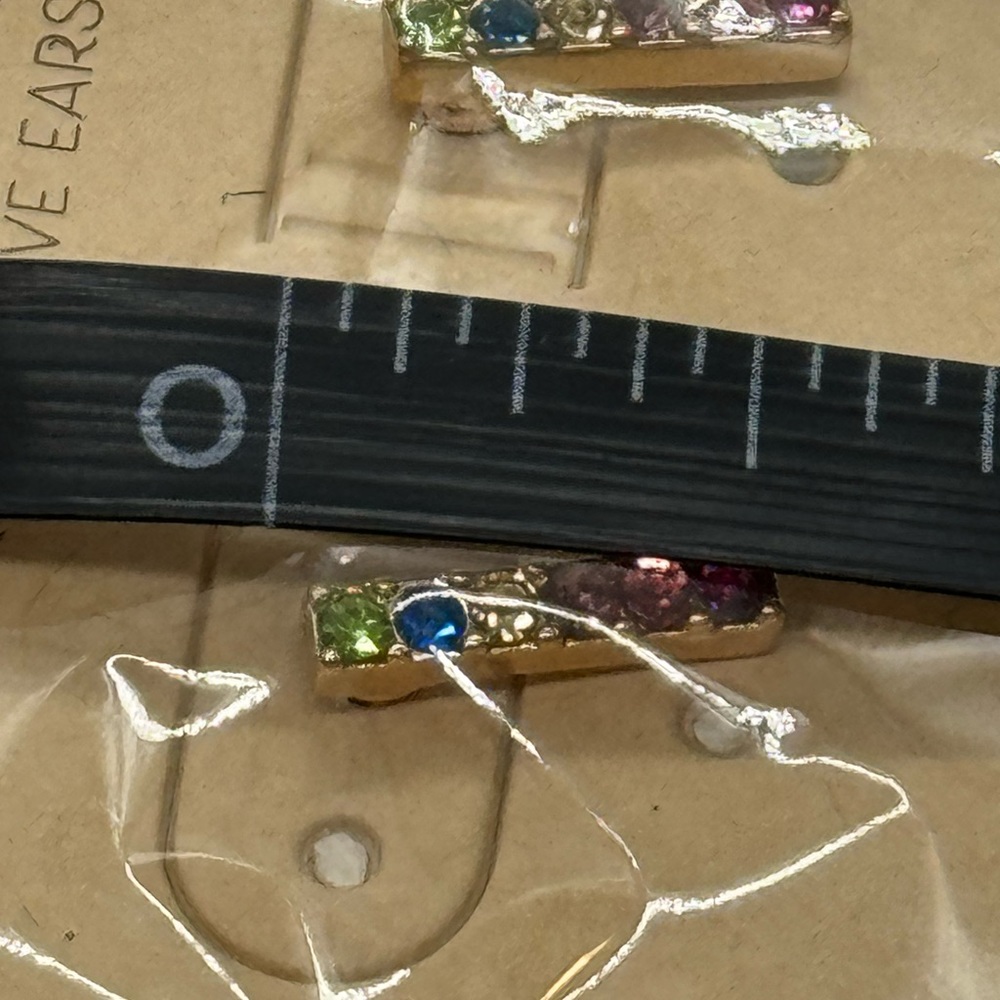 Dew Drops Multicolor Rhinestone Bar, Set in Gold Tone Post Earrings - Picture 6 of 6